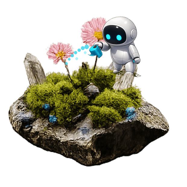 Der Stein blüht, der Roboter gießt die Blumen